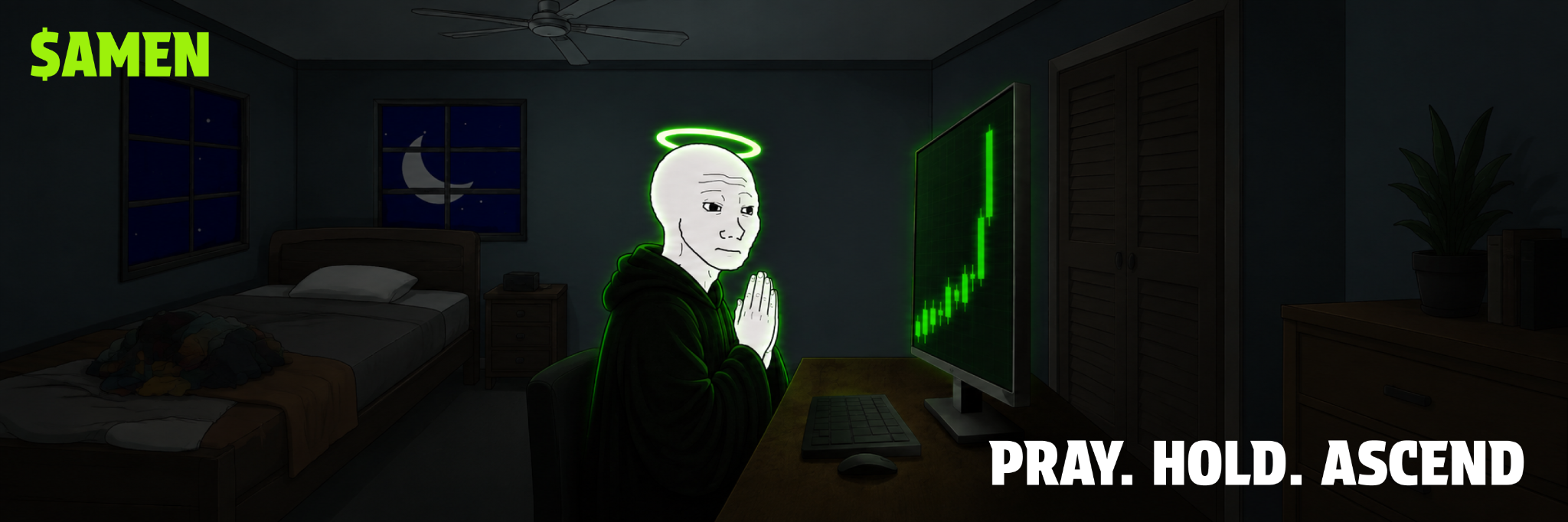 A praying Wojak watches a green candle chart in a dark room.